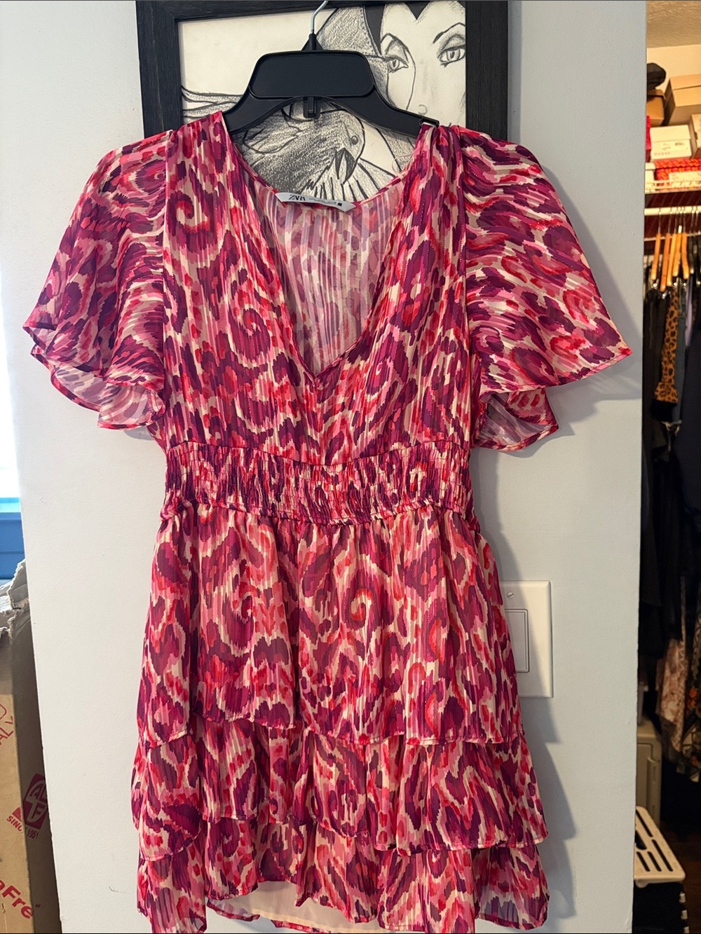 Zara Vibrant Pink & Magenta Tiered Flutter Sleeve Dress lined